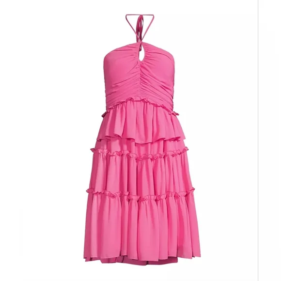 ONE33 SOCIAL Pink Fuchsia Tiered Ruffle Halter Above Knee Cocktail Dress Size 6 - Picture 5 of 8